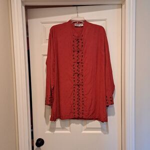 Chico’s Design Red Silk Linen Blend Long Sleeve Blouse Women’s Size 2/ Large